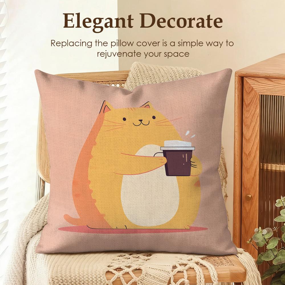 Cat Drink Coffee Cute Funny Cushion Cover Natural Linen Organic Fabric DoubleSided Printing Sofa Home Decor Gift Pillow Case