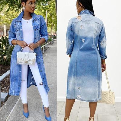 Manteau Trench Long en Denim d'Automne pour Femme Design avec Veste en Denim Déchiré