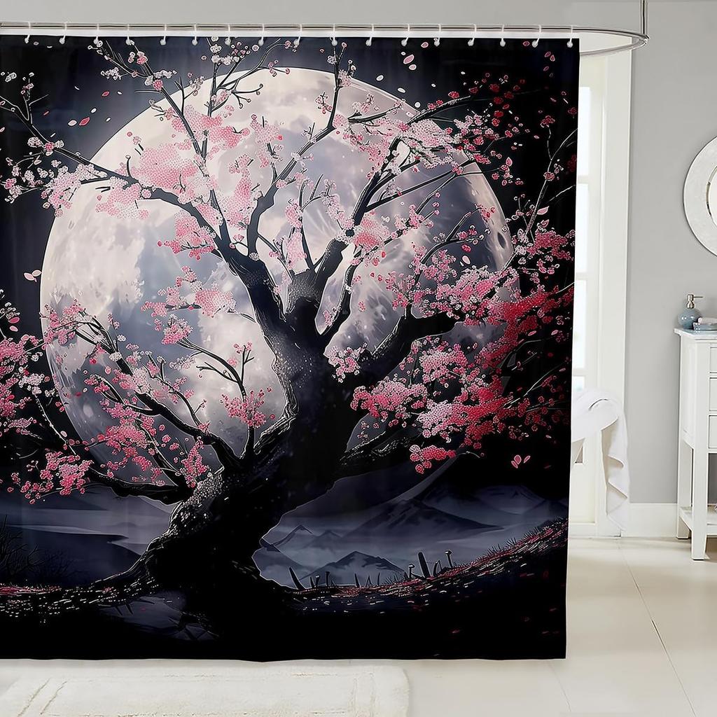 Japanese Style Bathroom Curtain Cherry BlossomShower Curtain for Girls Teen Women,Watercolor Mount Fuji Sakura Animal Aesthetics
