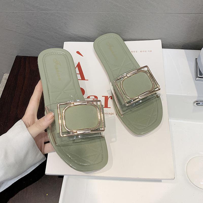 Versatile trend non-slip square buckle slippers women's outer wear summer  fashionable transparent casual and comfortable slippers