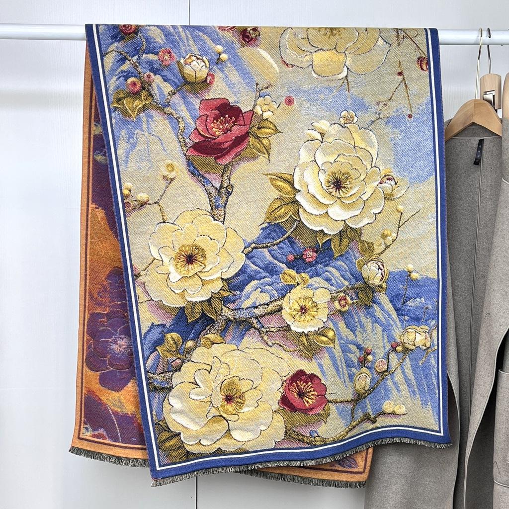 Autumn and winter national style plants and flowers new landscape painting elegant women imitation cashmere warm scarf fashion retro shawl