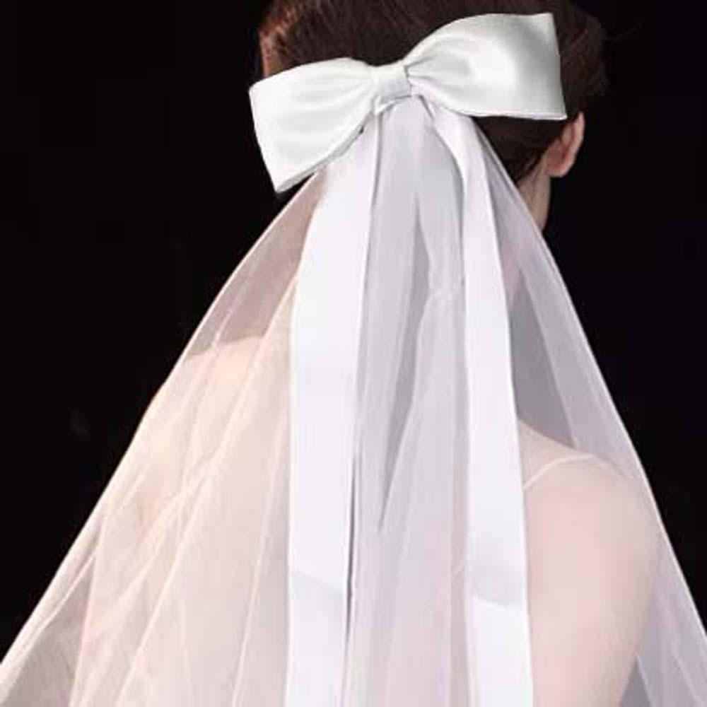Single Layer Bride's White Headgear Romantic Bridal Headdress Elegant Long Satin Bow Veil  Wedding