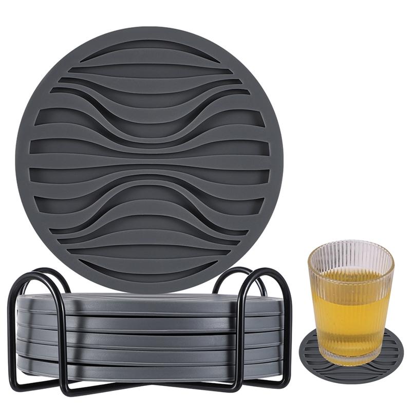 6 Teile/satz Silikon-trinkuntersetzer Mit Metallhalter Ständer Rutschfeste Getränke-kaffeetasse Runde Tassenmatte Glasgreifer Pads Geschirr