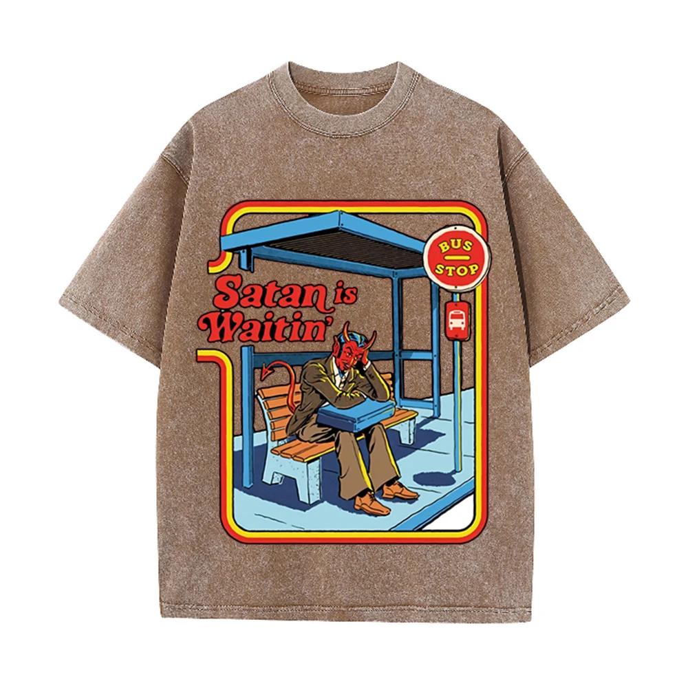 2026 Vintage Satan Is Waitin Bus Stop Graphic Washed T Shirt Men Women Retro Cartoon Oversized Short Sleeve Casual Streetwear Fa