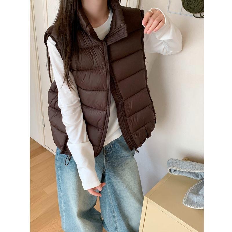 Women's Lightweight Down Vest – Stand Collar Quilted Sleeveless Jacket with Drawstring Hem
