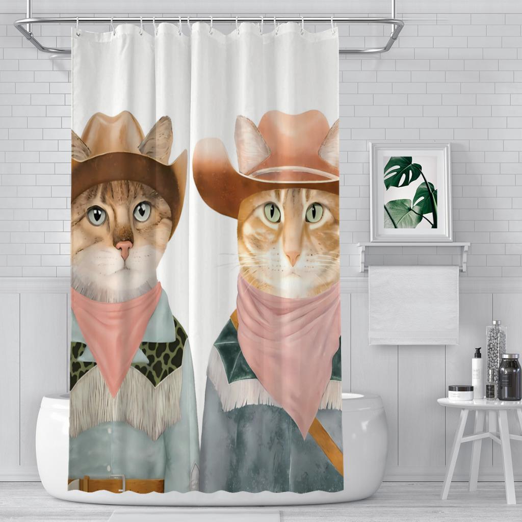 Funny Animals Shower Curtain,Cat Cowboy With Rifle Rides A Horse On Green Grass Ranch With Cow Dog Shower Curtains For Bathroom