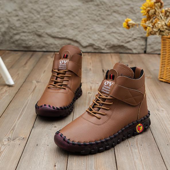 Zimní nadrozměrné šněrovací plyšové krátké boty Ručně šité bavlněné boty s měkkou podrážkou Pravá kůže Teplé plyšové protiskluzové krátké boty