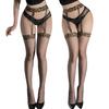 Women Silk Stockings with Attached Garter Belt Leopard Top High Waist Crotchless Sheer Pantyhose Lingerie Tights Hosiery