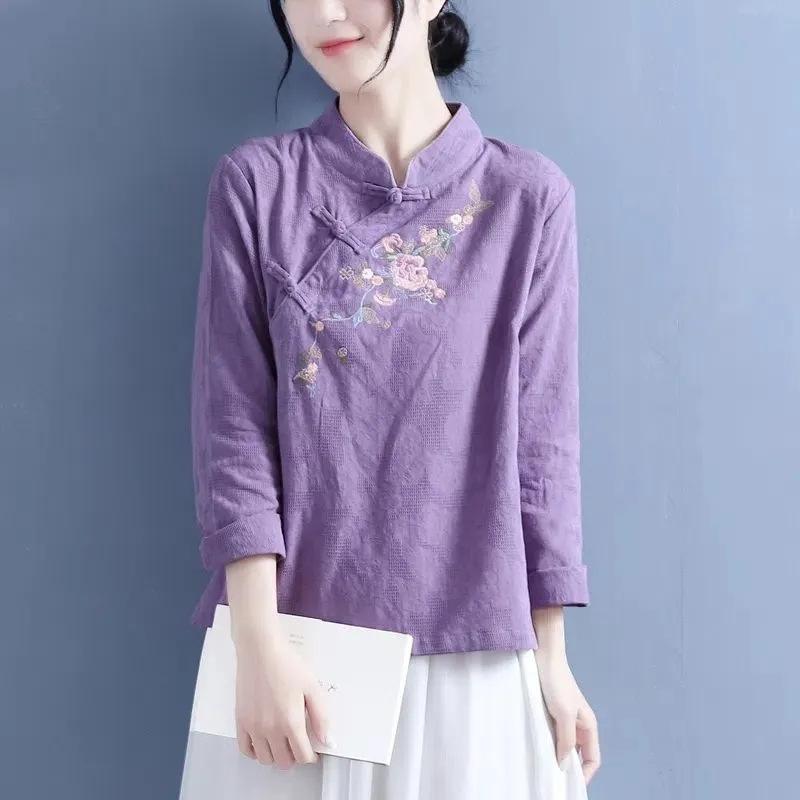 Women s Mandarin Collar Three Quarter Sleeve Embroidered Linen Blouse A Line Casual Top M