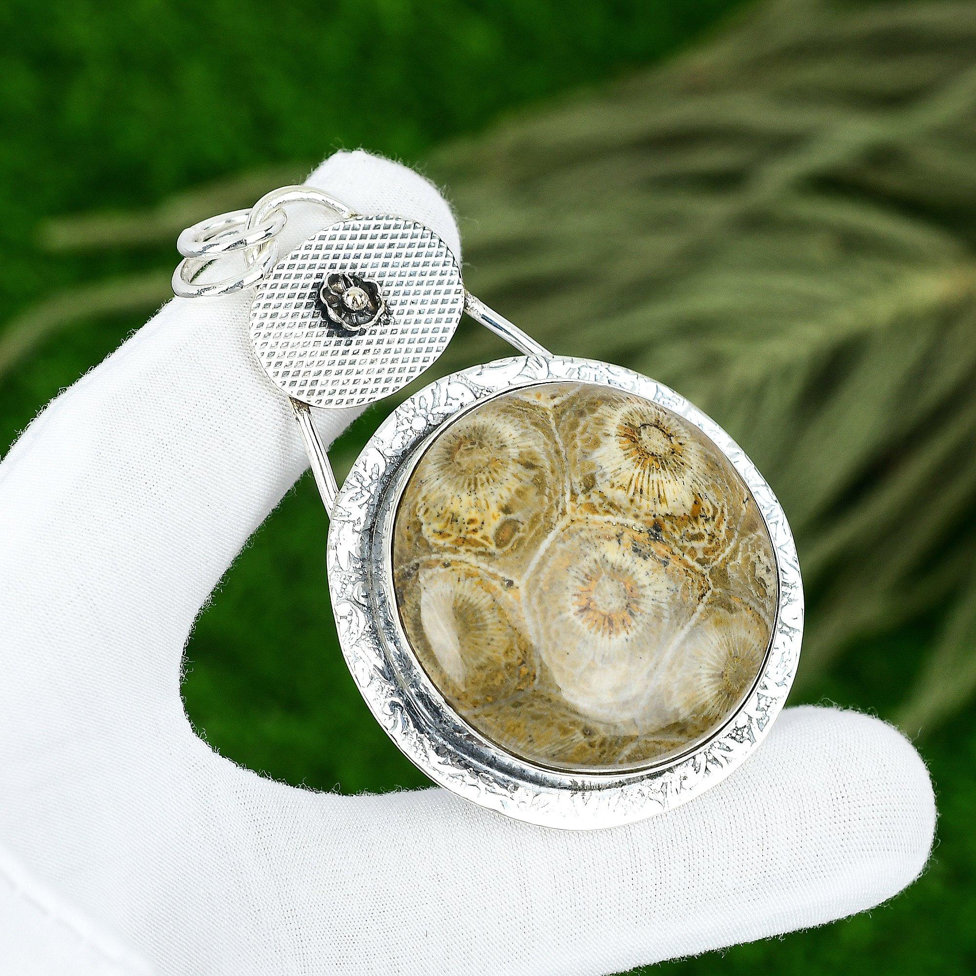 

Сделка ко Дню матери Серебро стерлинговое Натуральный ископаемый коралл Жена Бохо Подвеска Ювелирные изделия