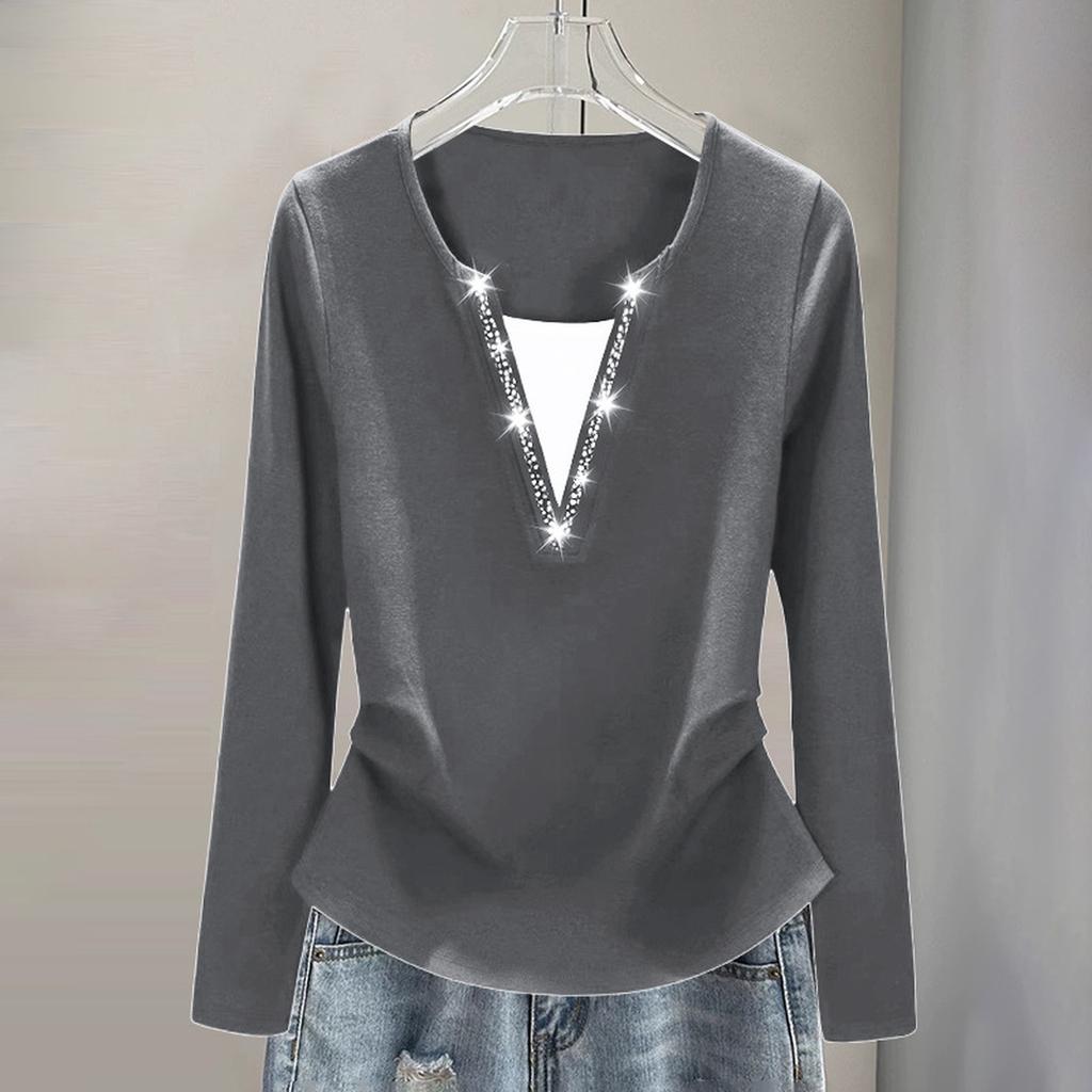 Ladies' Casual Fashion Fake Two-piece Long Sleeved Base Shirt With Rhinestone Hot Stamping T-shirt Plus Size Top