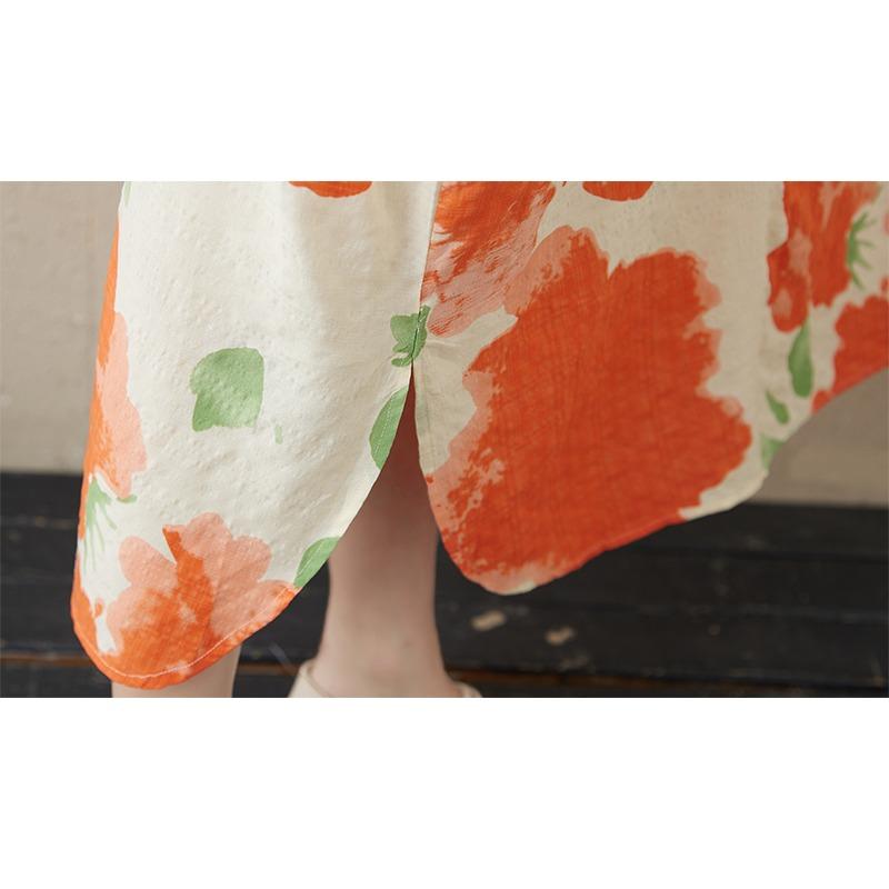 Dimanaf 2025 Plus Size New Summer Women Casual Linen Vintage Long Dress Flower Loose Printing Dress Maxi