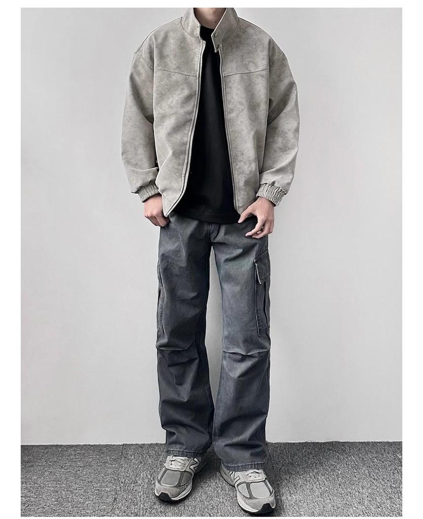 Men's Trendy American Style Leather Bomber Jacket - Loose Fit, Lapel Short Motorcycle Design for Autumn