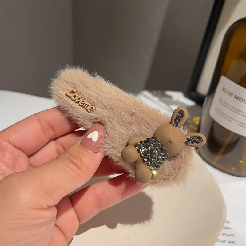 Rabbit Shape Hairpin Lovely Female Rhinestones Bunny Plush Clip Headdress Lolita Hair Barrette Nonslip Hair Clip for