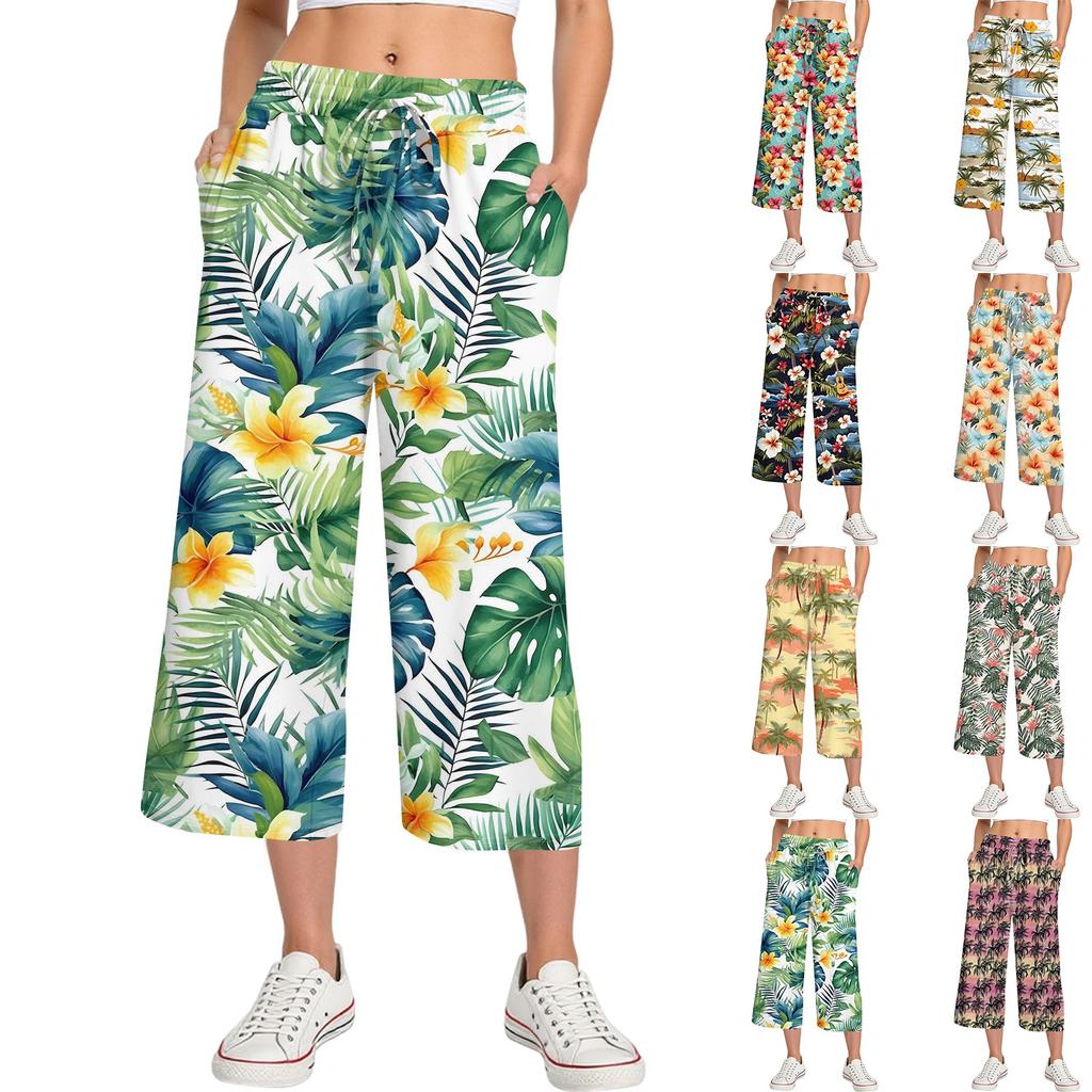Pantalon d'été pour femme à taille haute, imprimé, décontracté, sportswear, pantalon court décontracté, pantalon ample
