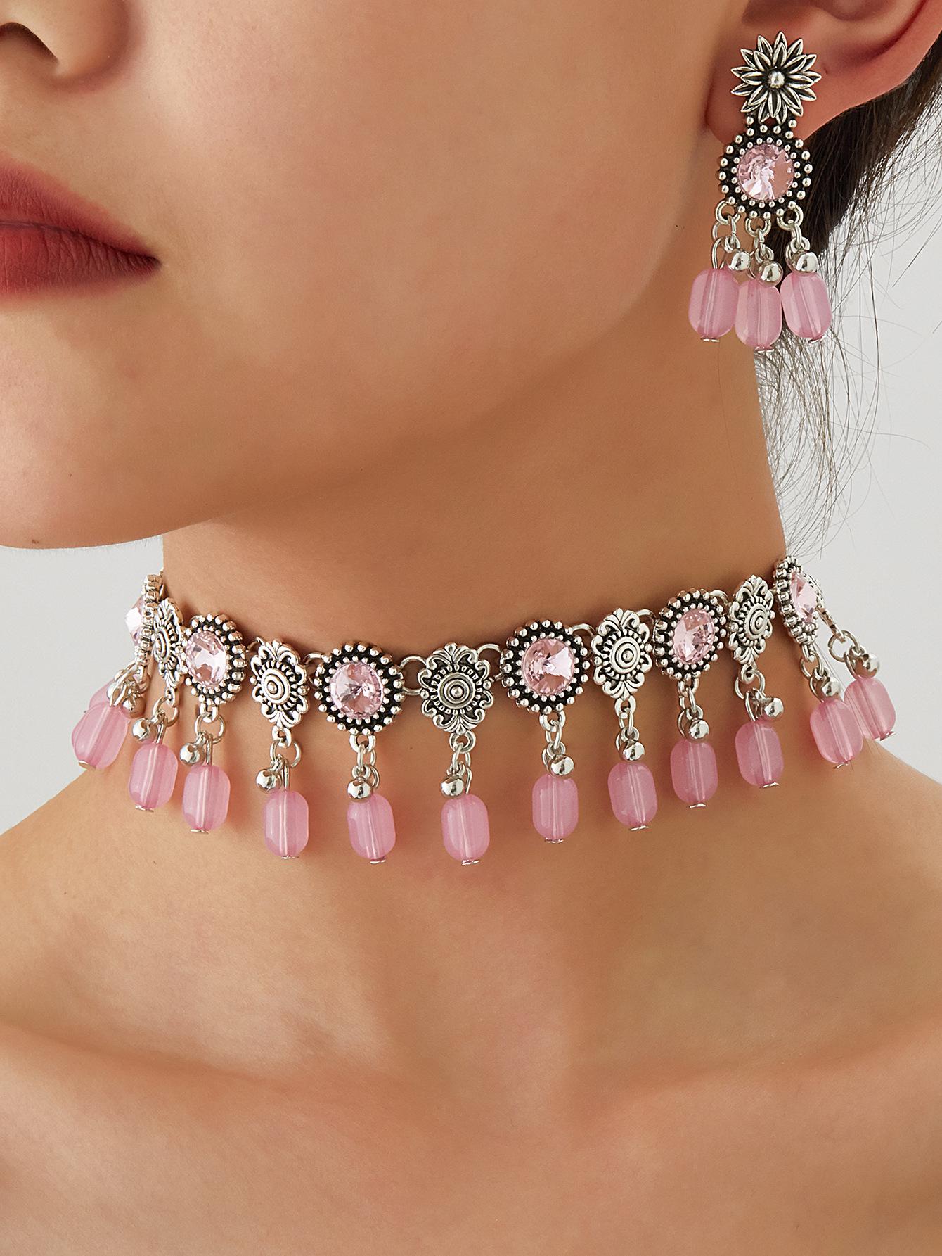 Бохо Шик Ожерелье-чокер с кисточкой из бисера и набор ретро-серег для женщин розовый