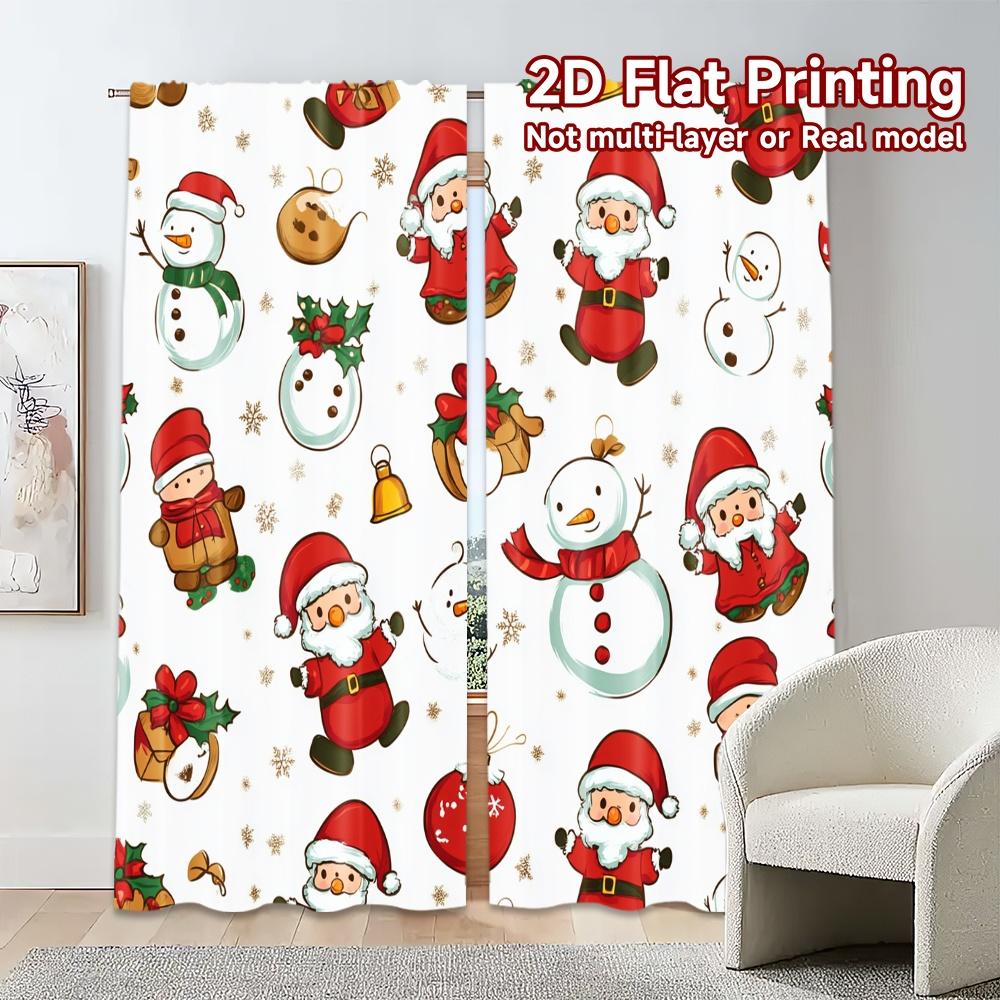 Set Of 2 Curtains Christmas Teddy Bear Santa Snowman Chic Curtain Cloth Durable Polyester Fabric Insulation Thermal
