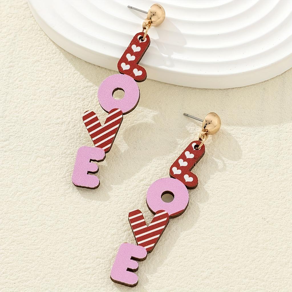 New Valentine's Day Earrings Female Personality Creative Pink Printed Heart Balloon Wooden Earrings