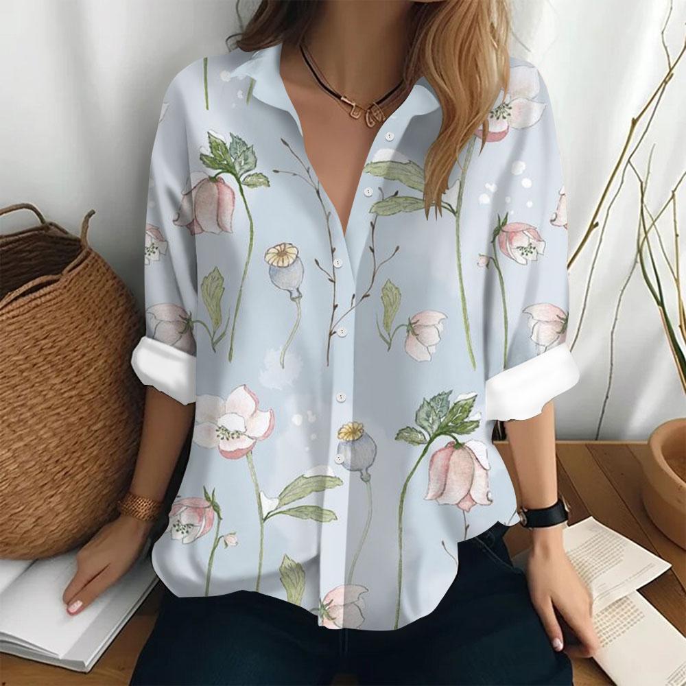 Women's Fashion Shirt Bottom Casual T-shirt Loose Lapel Top Long Sleeved Button Printed Clothing Party Elegant Women's Shirt