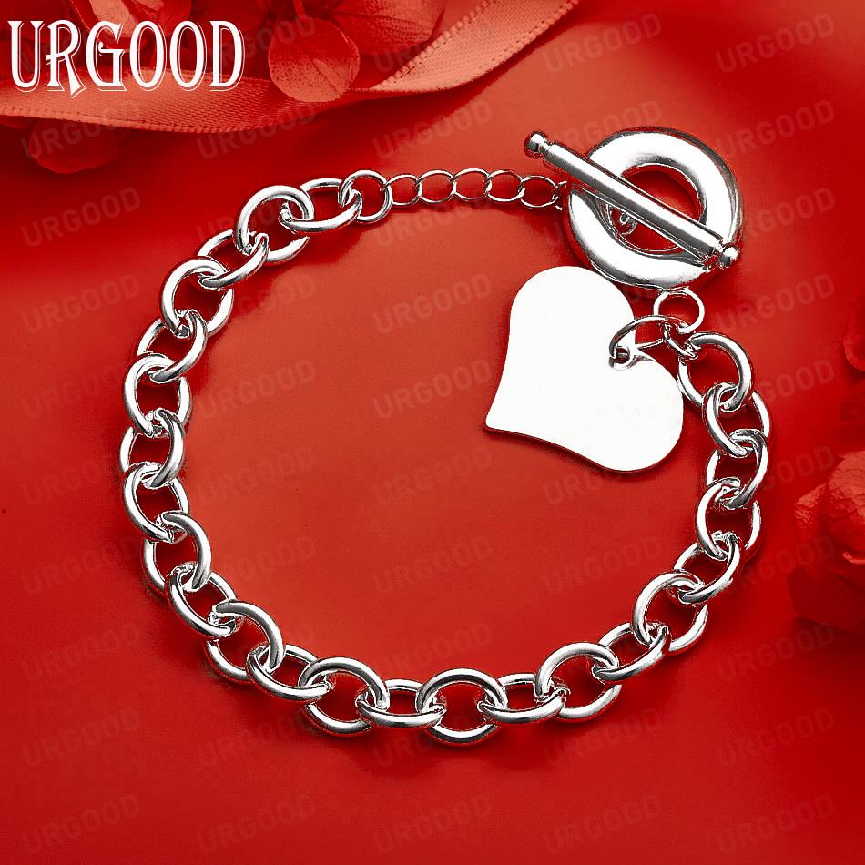 

925 Sterling Silver Heart Pendant Bracelet Wedding Fashion Jewelry 20CM