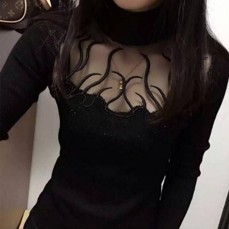 Pofulove Fashion Σέξι κεντημένο πουλόβερ με δαντέλα πουλόβερ πουκάμισο με κάτω μέρος Κοίλο πουλόβερ