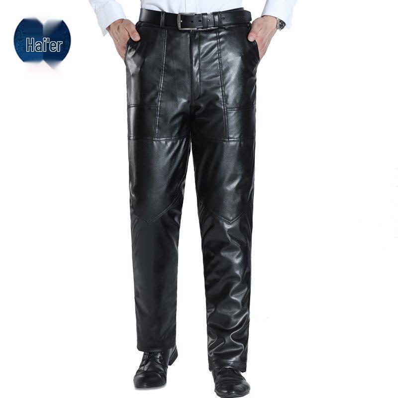 Men's Double-Layer PU Leather Motorcycle Pants with Knee Pads and Waist Support, Fleece-Lined for Warmth