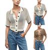 Womens Hollow Out Short Sleeve Knit Cardigan Button Down Open Front Short Length Sweater with Collar