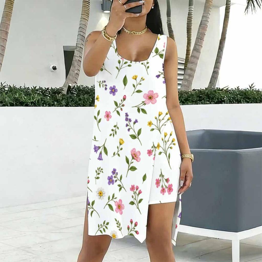 Women Plus Size Scoop Neck Sleeveless Ginkgo Leaf Printed Side Slit Tank Dress And Shorts Two Piece Set