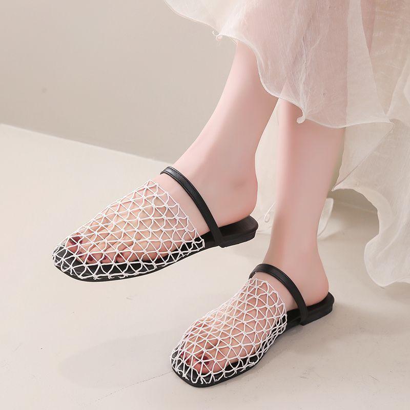 Flat bottom round head two wear bag head drag 2025 summer new French mesh woven hollow sexy temperament cool slippers