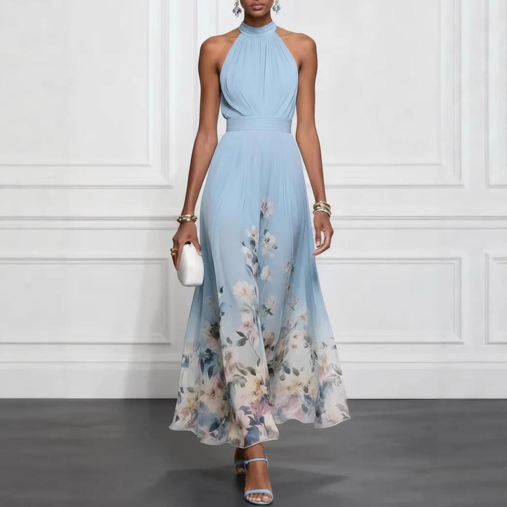 Women's Halter Neck Sleeveless Floral Print Maxi Dress High Waist Elegant Party Dress
