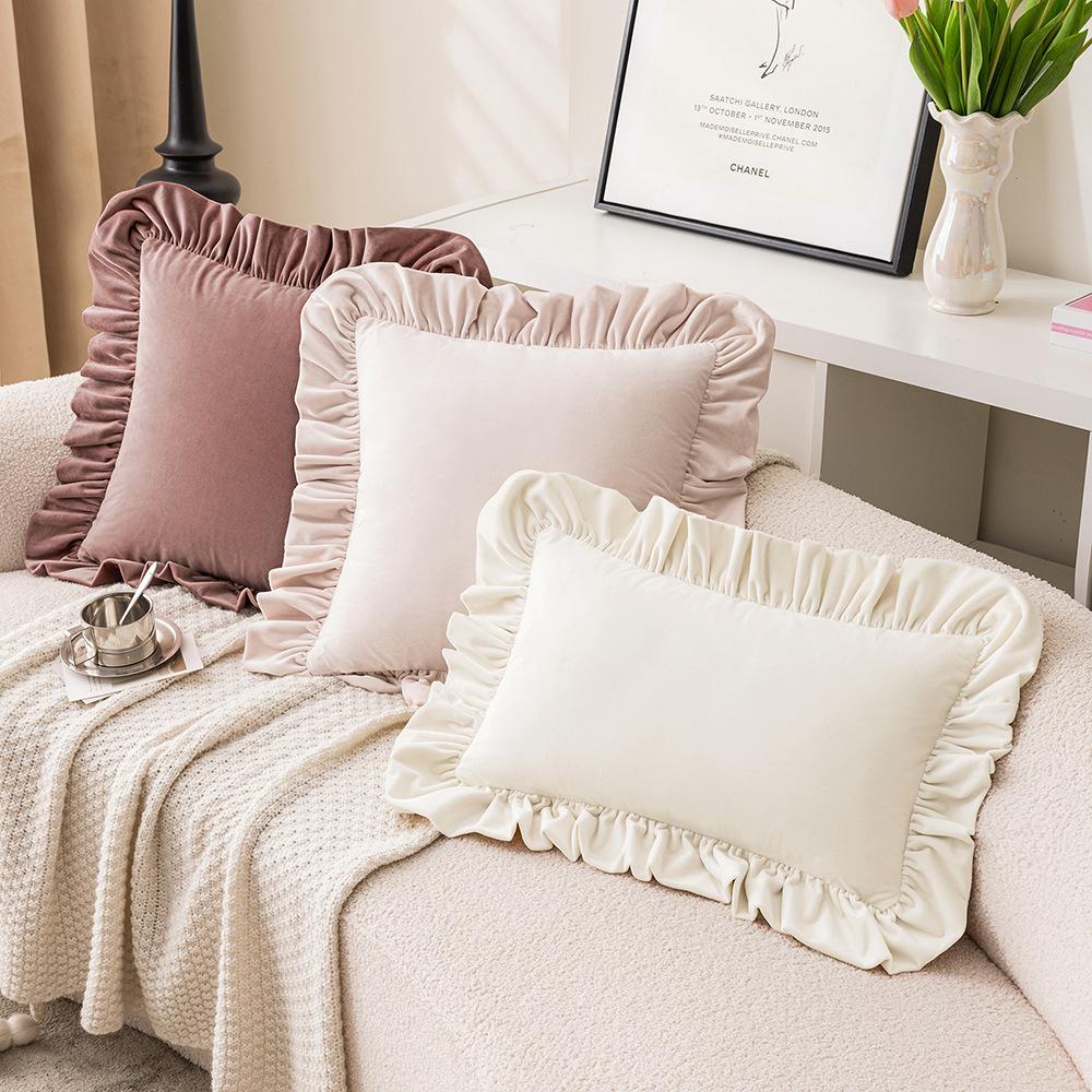 Girls Ins Style Pillow Case Velvet Ruffled Pillow Living Room Sofa Cushion Spring Simple Decoration Pillow