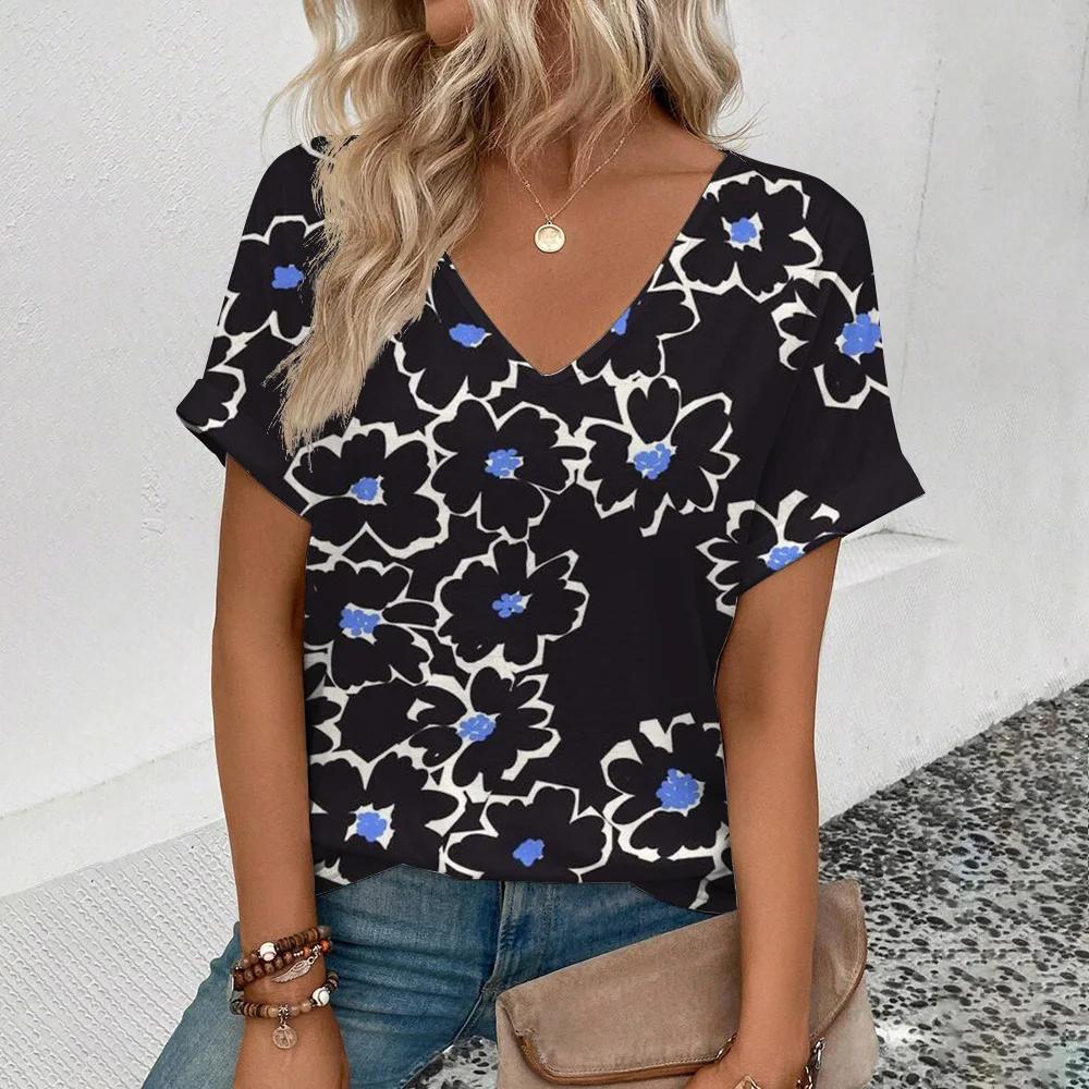 

Летняя женская винтажная футболка с цветочным принтом, модные топы с V-образным вырезом, женская повседневная стильная одежда с коротким рукавом, наряд на каждый день 3XL