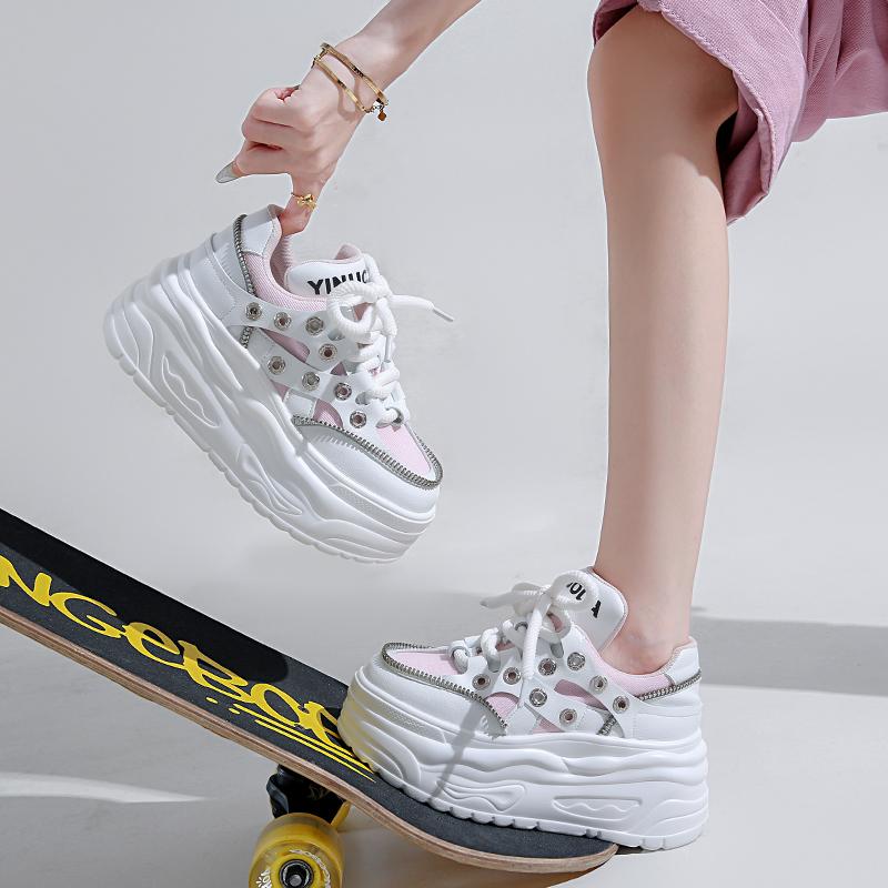Fashion 2025 New 8cm High-Heel Leather Women's Shoes, Chunky Sneakers with Wedge Platform Design, Suitable for Autumn and Spring Seasons