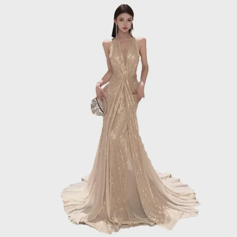 "2024 Celebrity Style Sequin Halter Neck Fishtail Evening Dress"