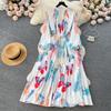 Palace Style Round Neck Print Lantern Sleeve Loose Dress