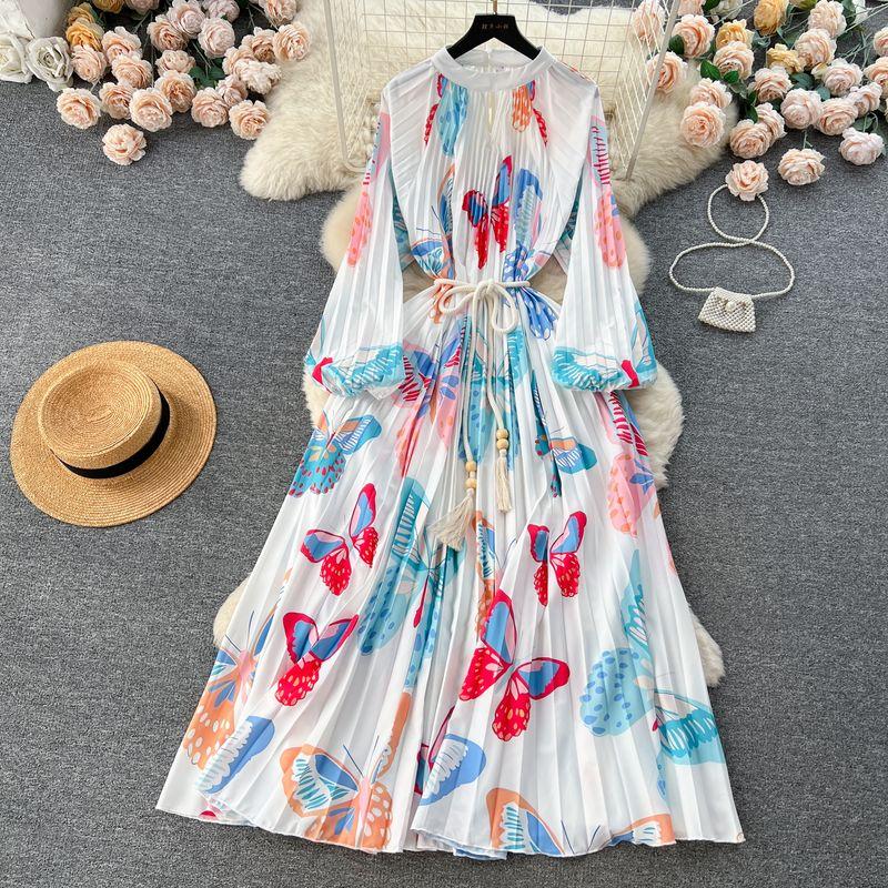 Palace Style Round Neck Print Lantern Sleeve Loose Dress