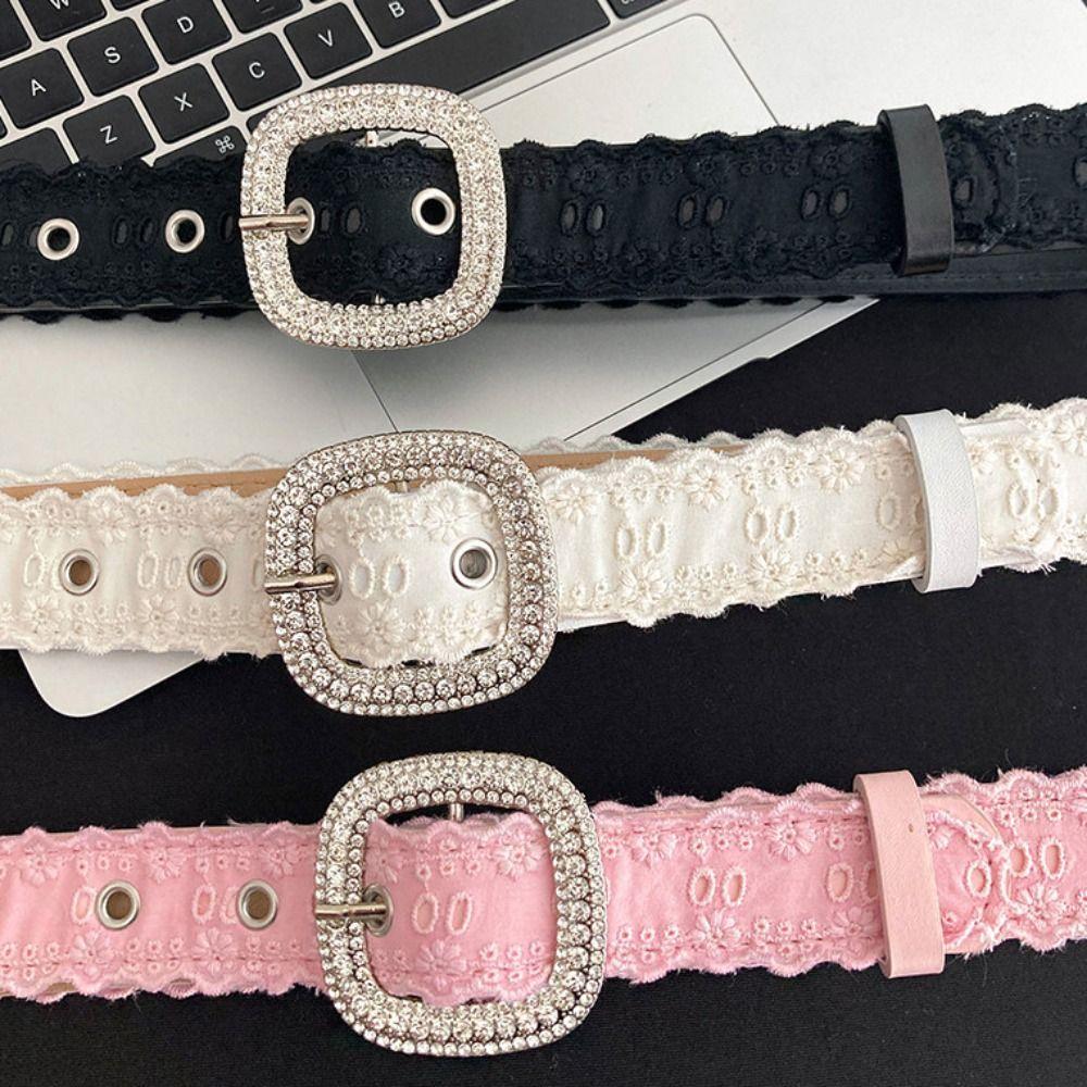Y2K Lace Belt PU Leather Women Waistband Trend Rhinestone Belt Jeans Accessories