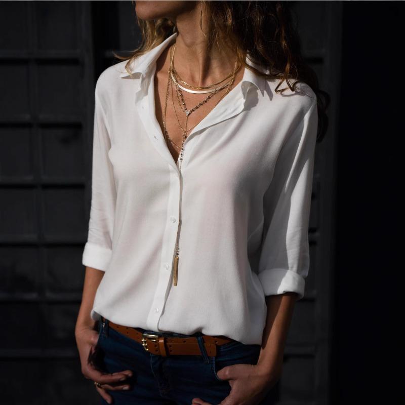 Langarm Damen Tiefes V-Ausschnitt Knopf Chiffon Bluse