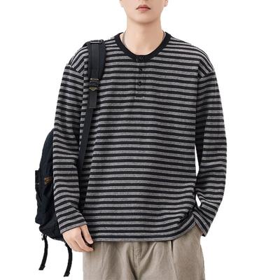 Striped Henry Collar Sweatshirt Men's Autumn and Winter Large Size Japanese T-shirt Top