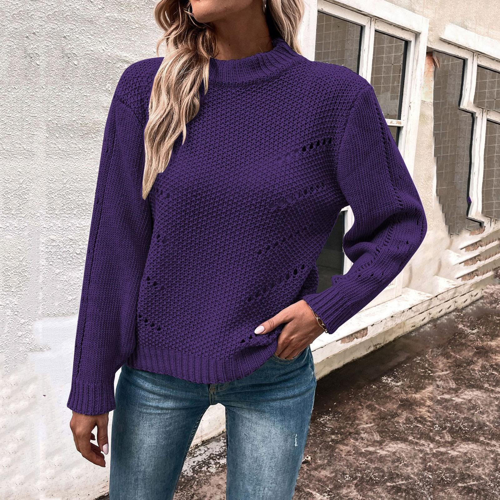 

Women s Fashion Casual Knit Pick Hole Hole Round Neck Pullover Long Sleeve Sweater M фіолетовий