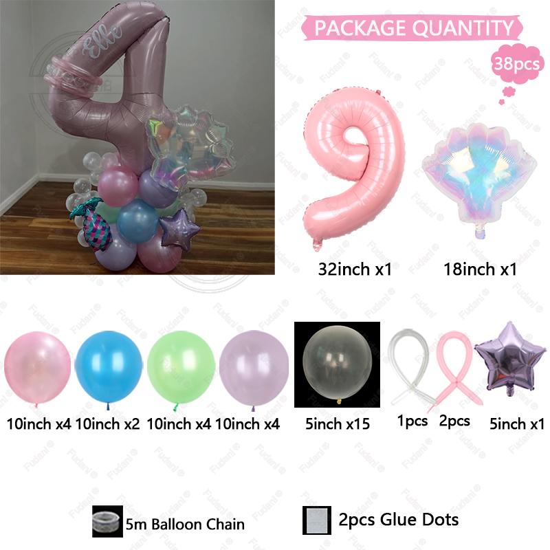 38PCS/SET Mermaid Shell Balloon Set With Aluminum Film Pink Digital 1-9 Birthday Party Family Decoration Shell Balloons