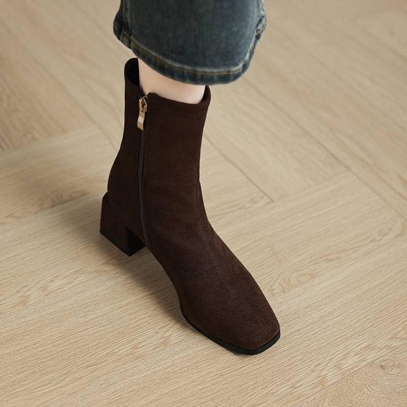 Autumn and Winter Side Zipper Medium Heel Large Size Women's Boots Solid Color Square Heel Round Head Suede Fashion Boots New Medium Boots Women
