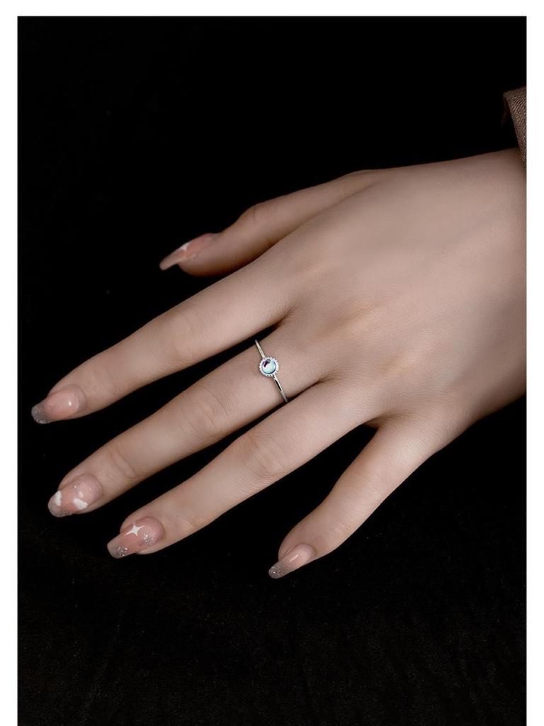Banyan Tree S925 Silver Adjustable Moonstone Ring for Women – Colorful, Minimalist Design with Thin Round Beads
