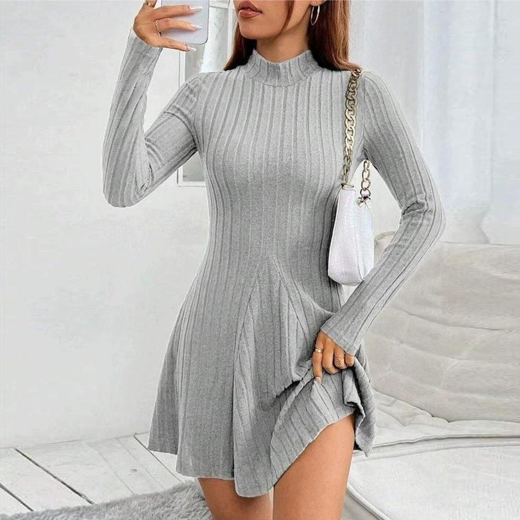 Long Sleeve Solid Rib-knit A-line Ruffle Dress, Casual Mock Neck, Women's Clothing