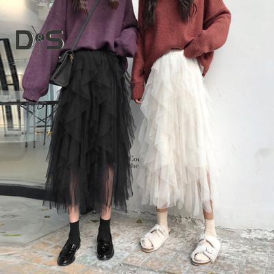 Women Skirt Elastic High Waist Gauze Splicing Maxi Skirt Solid Color Irregular Mesh Multi-Layer Cake Skirt