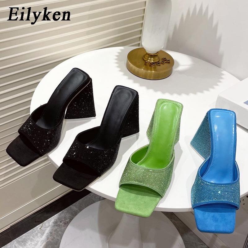 Fashion Eilyken Summer CRYSTAL Triangle Thick Heel Slippers Sexy Street Woman Square Toes Dress Party Shoes Size 35-41