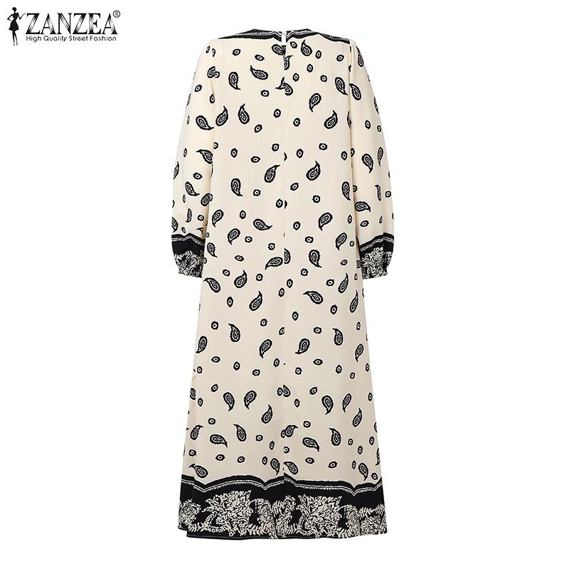 ZANZEA Women Casual Round Neck Long Sleeve Loose Retro Print Dress