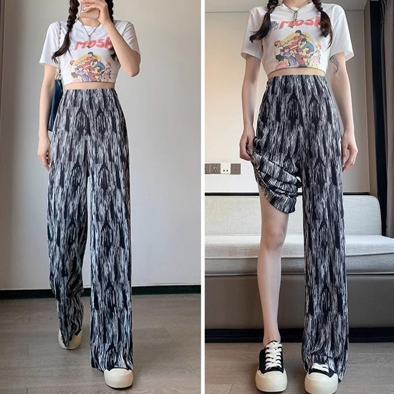 Damen Eis Seide Batik Farbverlauf Weites Bein Hosen Personalisierte Mode Sommer Hohe Taille Grubenstreifen Locker Fallend Mop Hosen