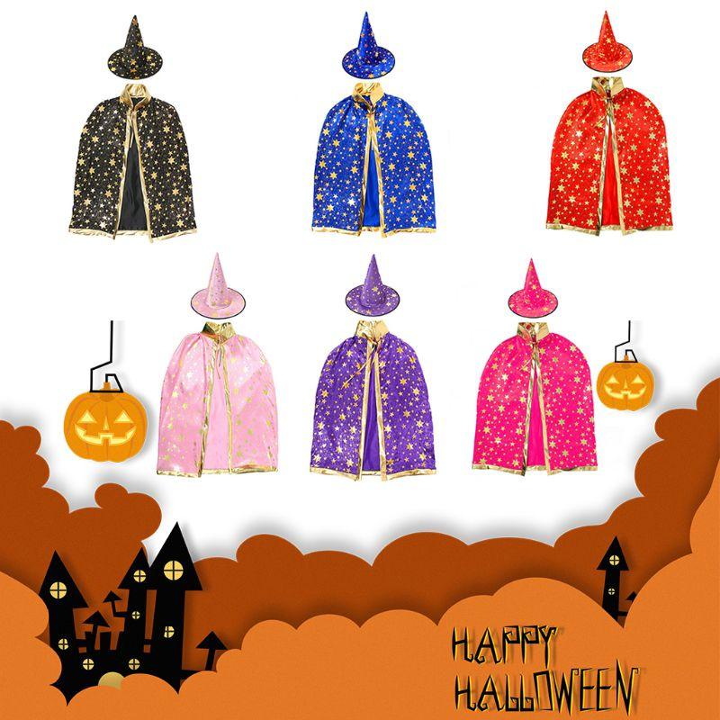 Halloween Cosplay Wizard Cape For Kids With Dazzling Star Pattern And Hat