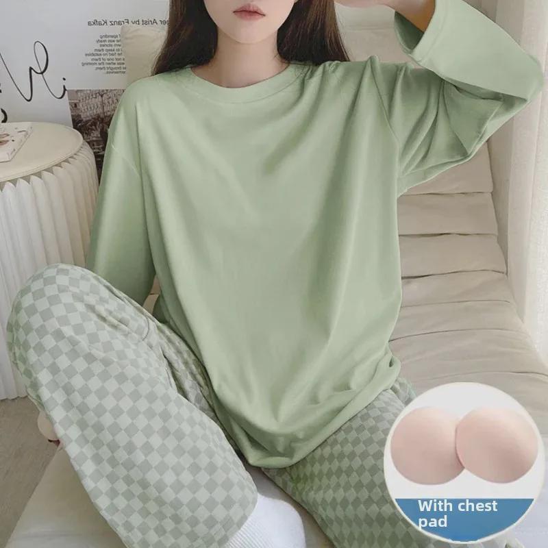 Women's Milk Silk Checkerboard Pajama Set - Round Neck, Long-Sleeve, Self-Contained Breast Pads for Spring and Autumn